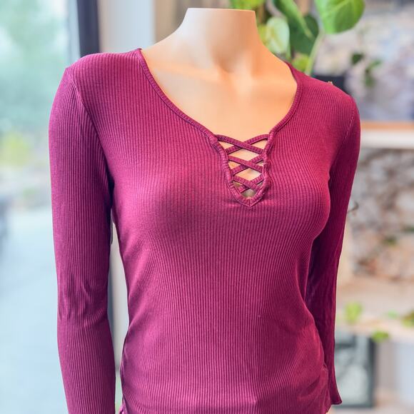 Democracy, Mulberry Ribbed Knit Criss Cross Neckline Long Sleeve Top, Medium - Picture 2 of 8